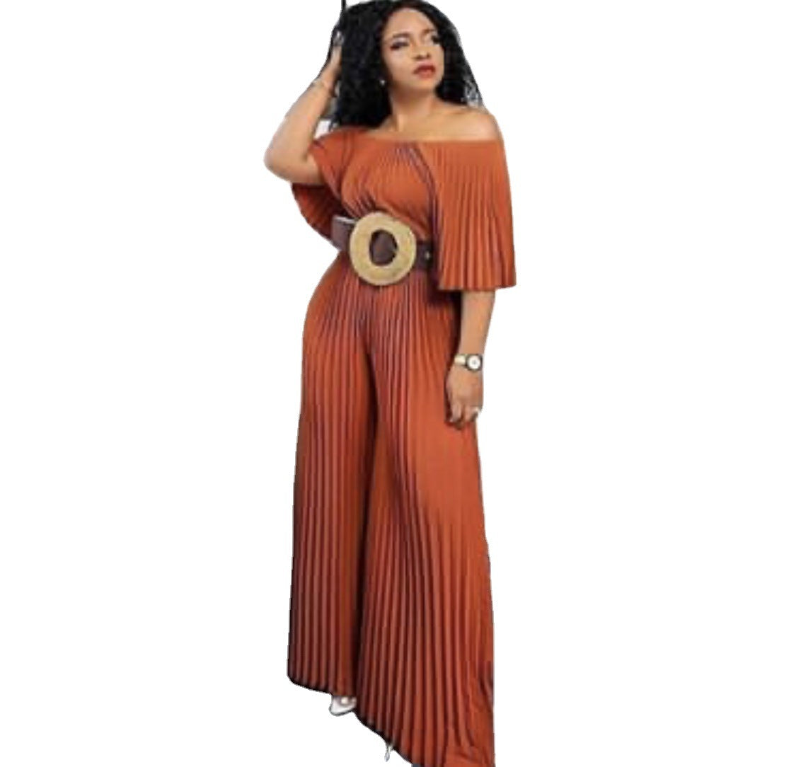 One-Shoulder Pleated Solid Color Loose Jumpsuit