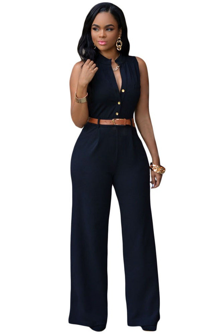 Single-Breasted High-Waisted Wide-Leg Jumpsuit With Belt