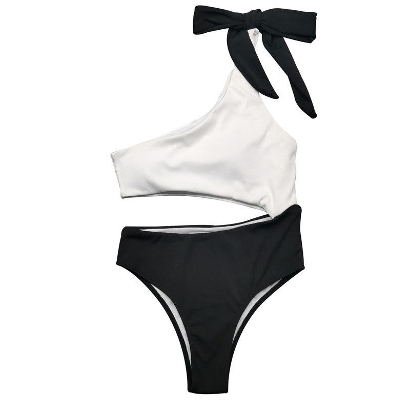 One-piece Swimsuit Contrast One-shoulder Bow Bikini
