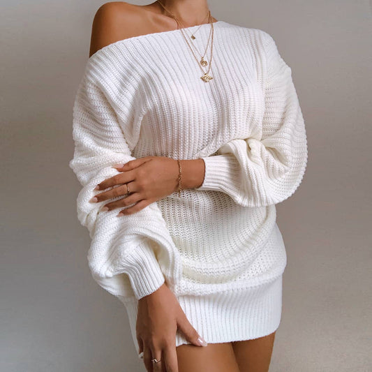Women Off Shoulder Knitted Sweater Dress Autumn  Winter Loose Long Sleeve Solid