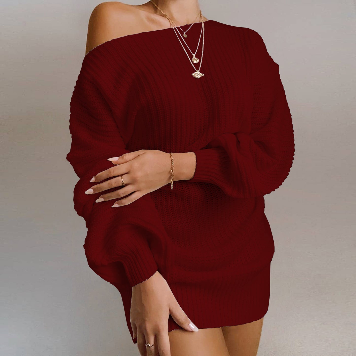 Women Off Shoulder Knitted Sweater Dress Autumn  Winter Loose Long Sleeve Solid