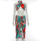 Spring And Summer New Color Print Sleeveless Backless Lace-Up Skirt Suit Women