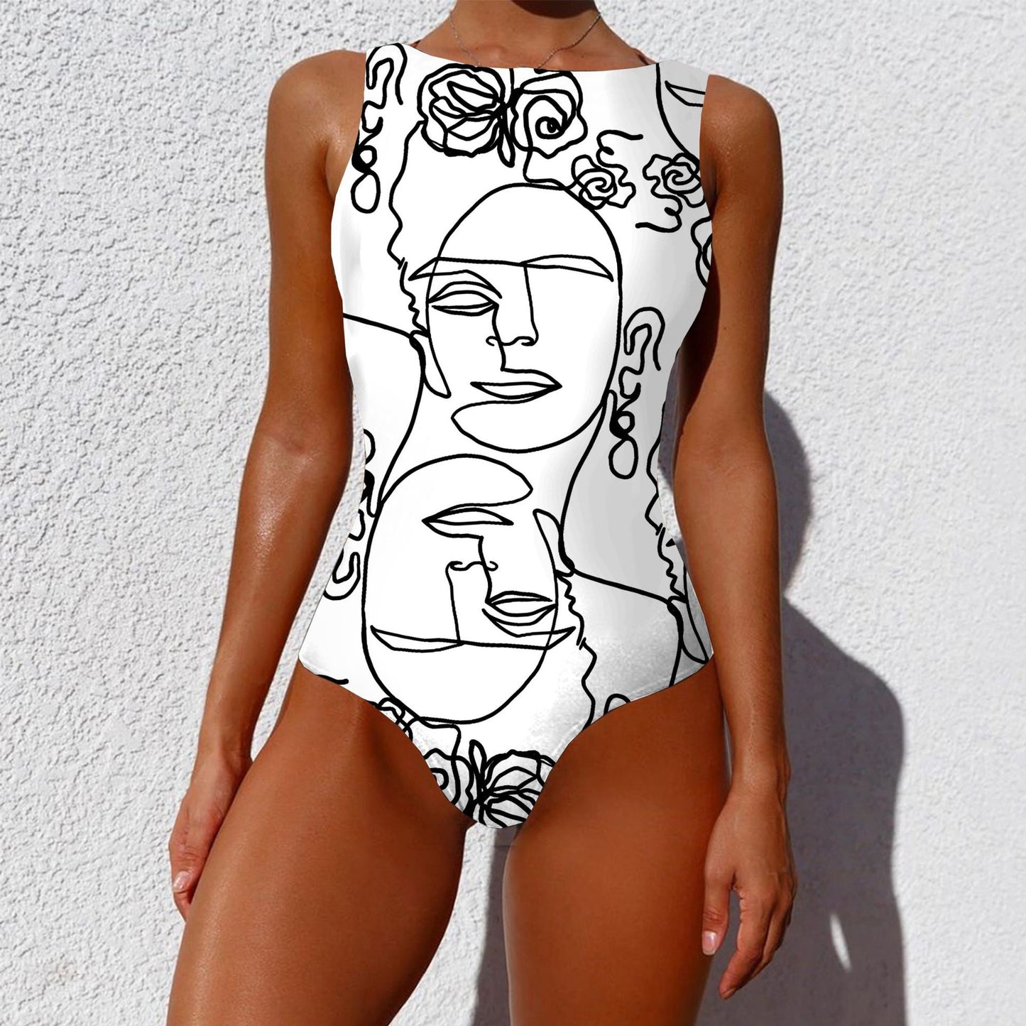 One-piece Fashion Vintage Abstract Print Lady Swimsuit Women Sleeveless Round Neck Bikini Swimwear Summer Push Up Swimsuit