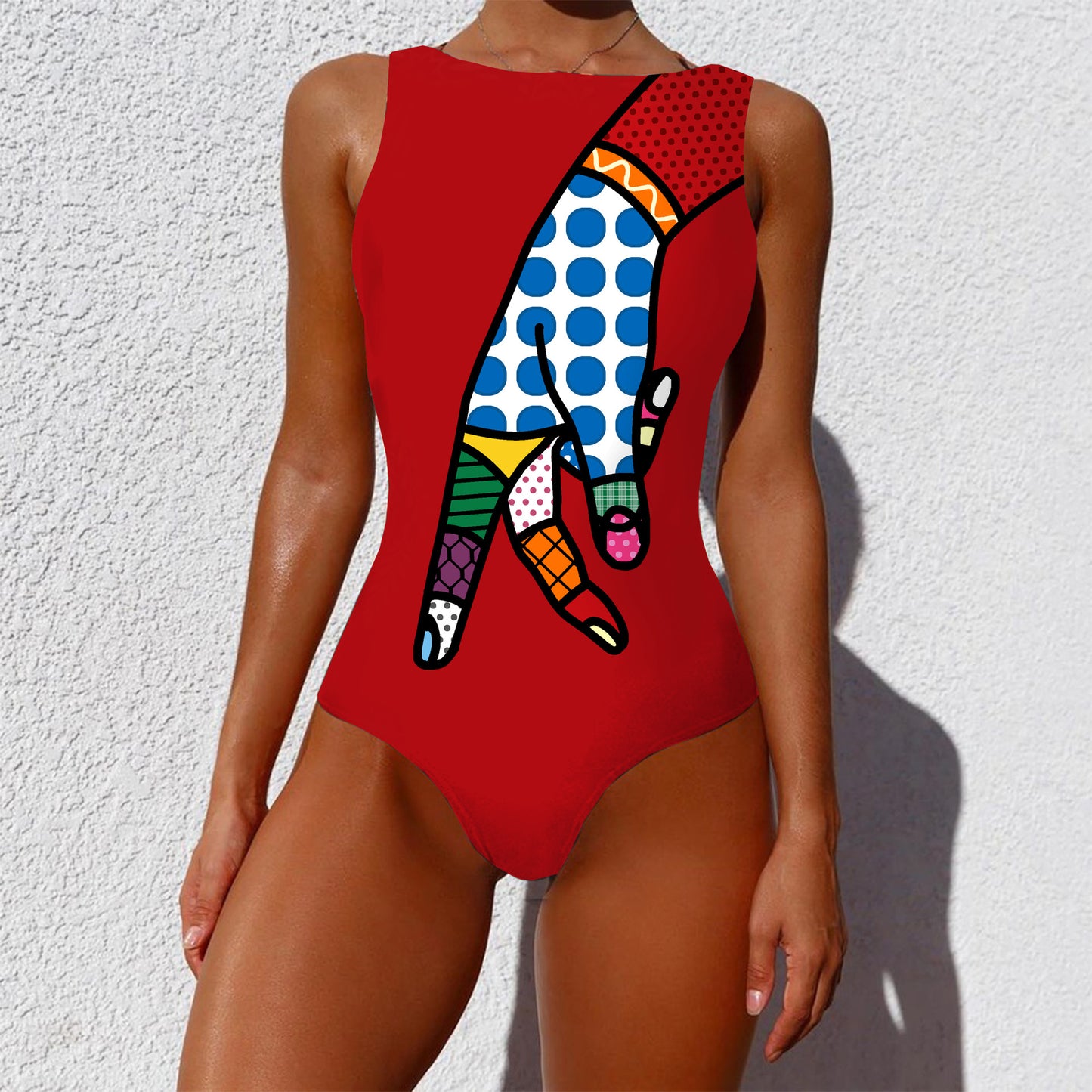 One-piece Fashion Vintage Abstract Print Lady Swimsuit Women Sleeveless Round Neck Bikini Swimwear Summer Push Up Swimsuit