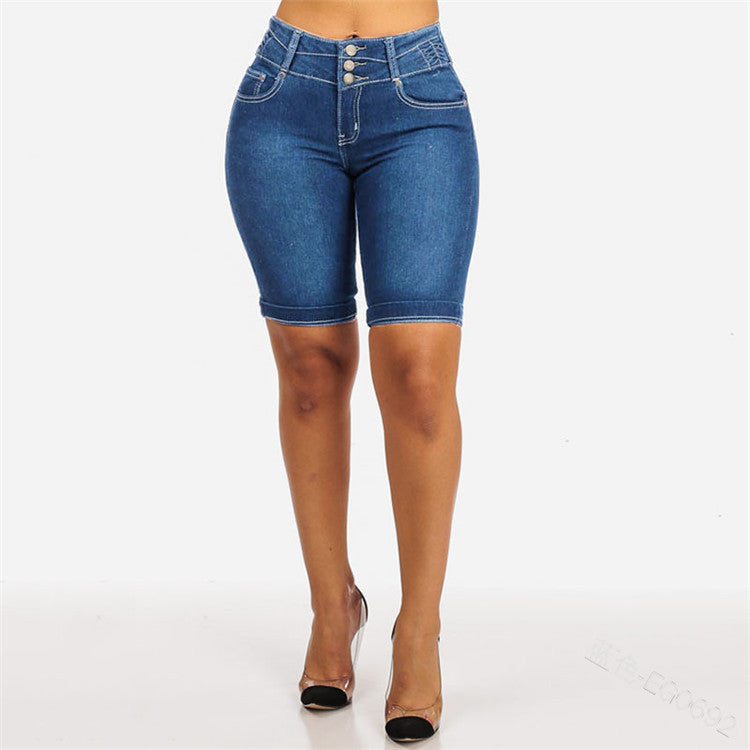 Summer Cuffed Shorts European And American Slim Pocket Hips Solid Color Jeans