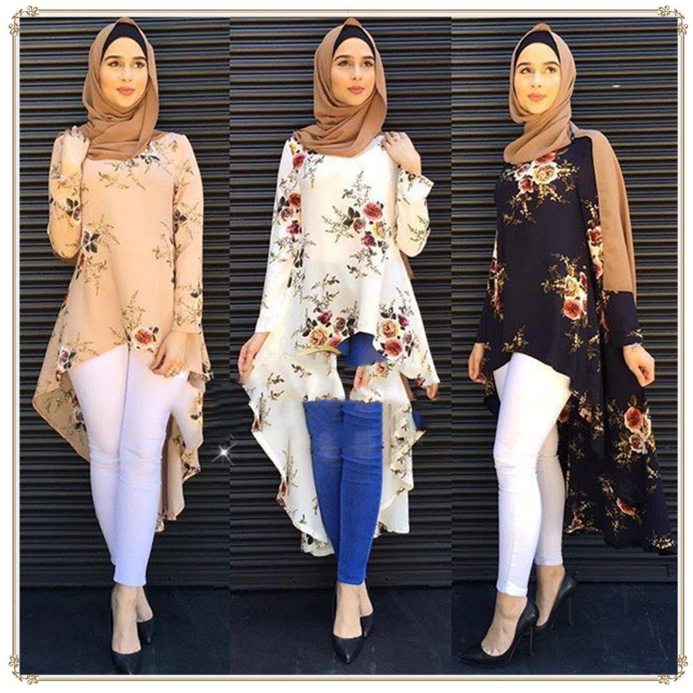 Muslim Long Sleeve Printed Shirt Women's Loose Top Hem Top