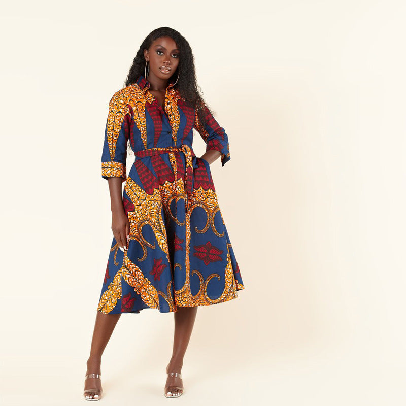 African Women's Long Sleeve Printed Shirt Dress