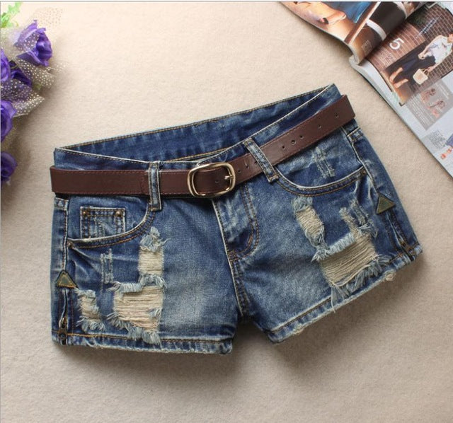 Women Denim Shorts Mini Rivet Holes Jeans Low Waist