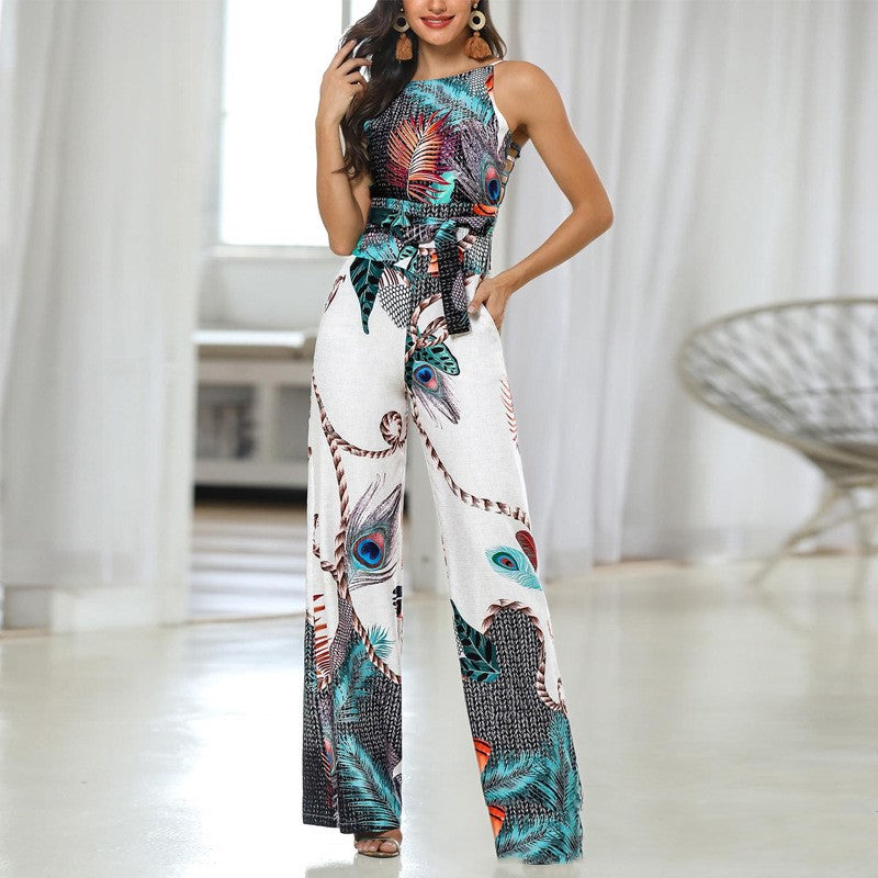 Sling plant print holiday style casual jumpsuit