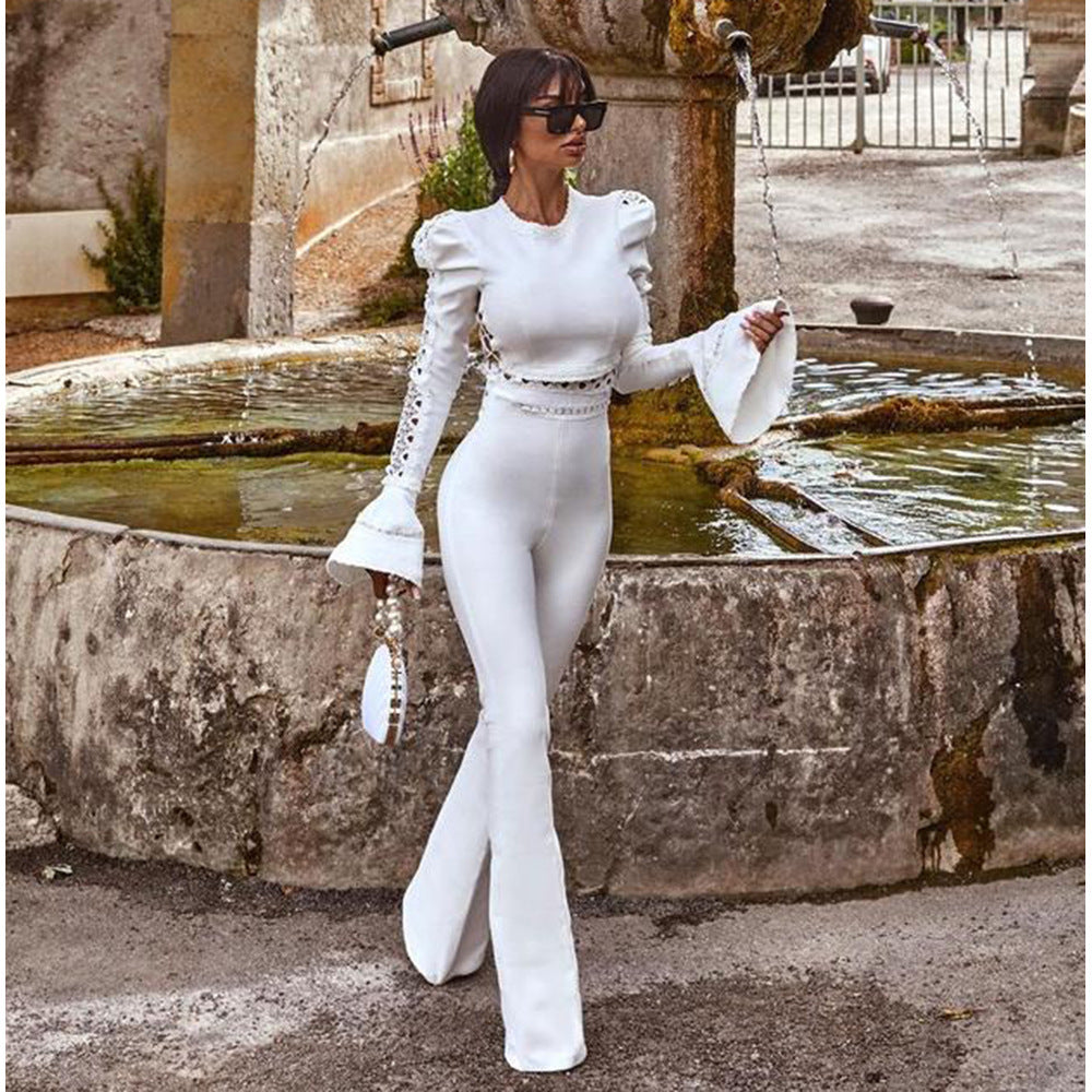 Tight Bandage Suit Women's Long Sleeved Top Flared Pants Two Piece Women