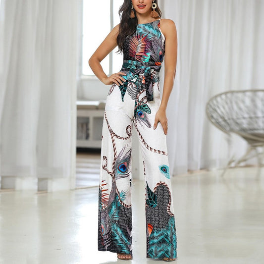 Sling plant print holiday style casual jumpsuit