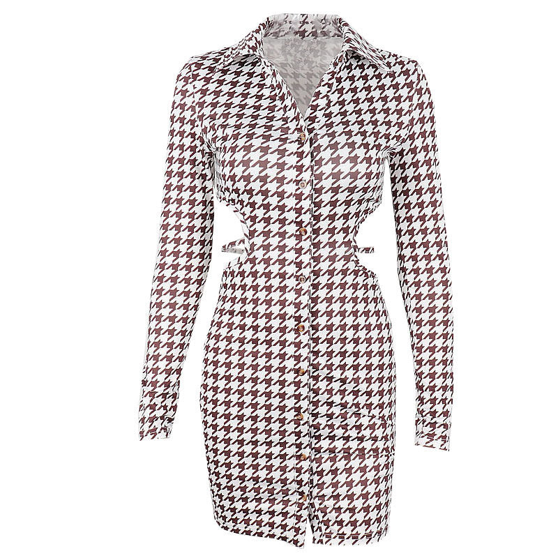 Fashion Houndstooth Print Sexy Lapel Buttoned Cardigan Back Hollow Lace-up Dress Women