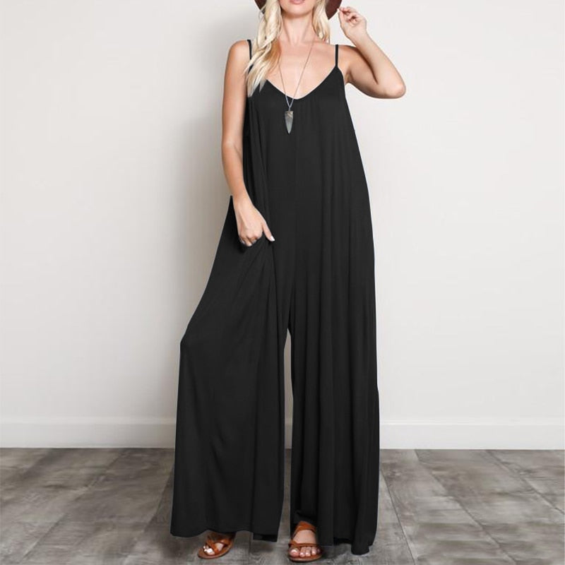 Summer Women Sexy V Neck Long Jumpsuits Casual Loose Rompers Overalls Wide Leg Mono Bodysuit Playsuits Plus Size 5XL