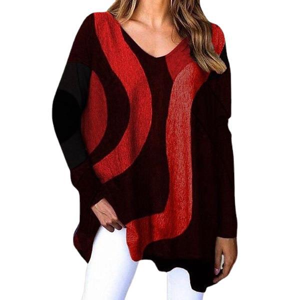 V-Neck Pullover Long Sleeve Geometric Loose Casual Women's Top