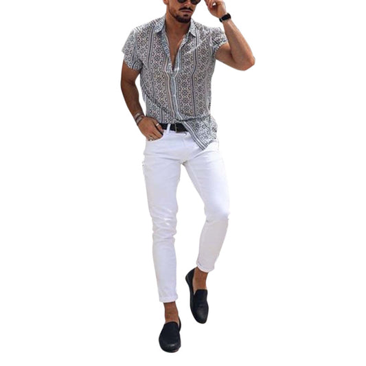 Men's short sleeve printed fashion casual cardigan shirt