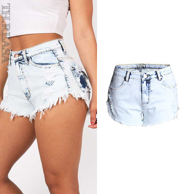 Ripped jeans women's high waist light color white worn off washed wool denim shorts