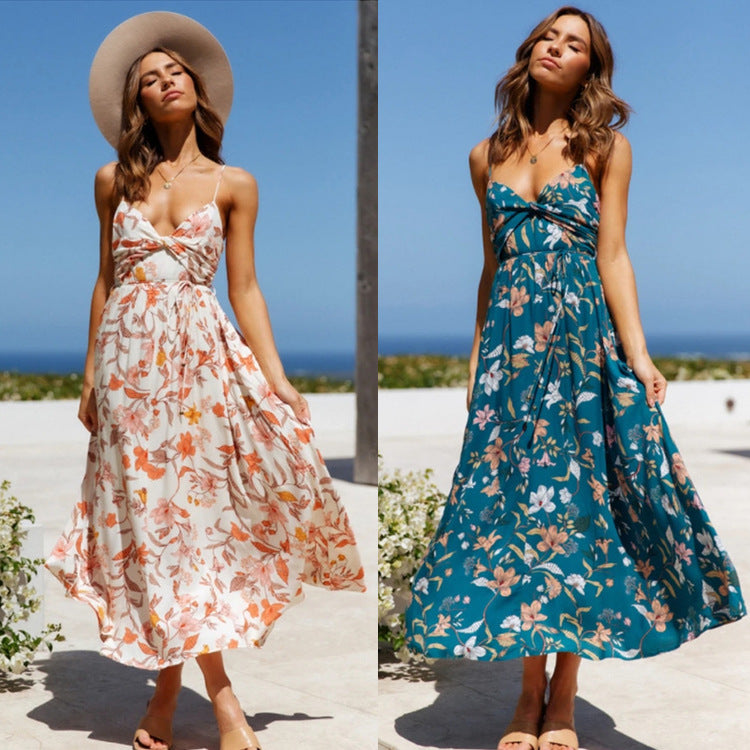 Summer Vacation Bohemian Print Big Swing Dress Suspender Dress