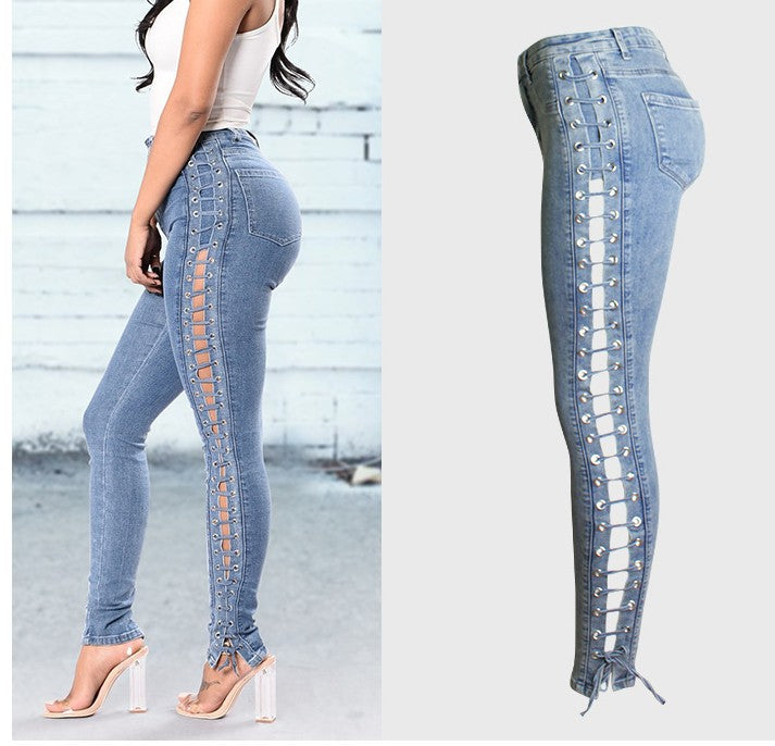 Fashion Lace-up Light Blue Comfortable Jeans With Side Drawstring Casual Trousers