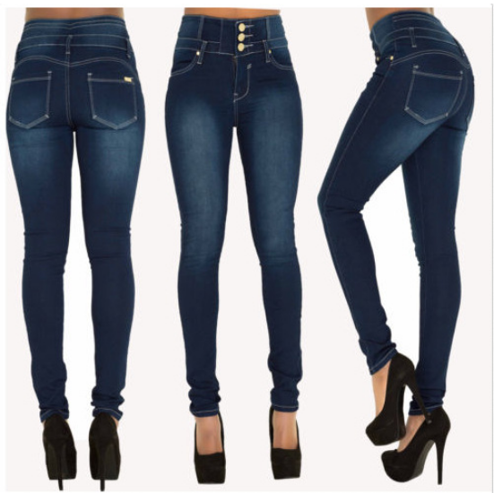 Europe and the United States Ebay explosion models WISH spring women's high waist and more buttonholes Slim stretch large size feet jeans women