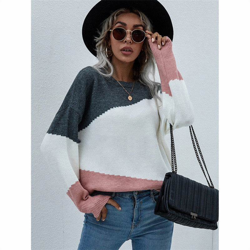 Fashion Loose Plus Size OL Commuter Round Neck Striped Sweater Women