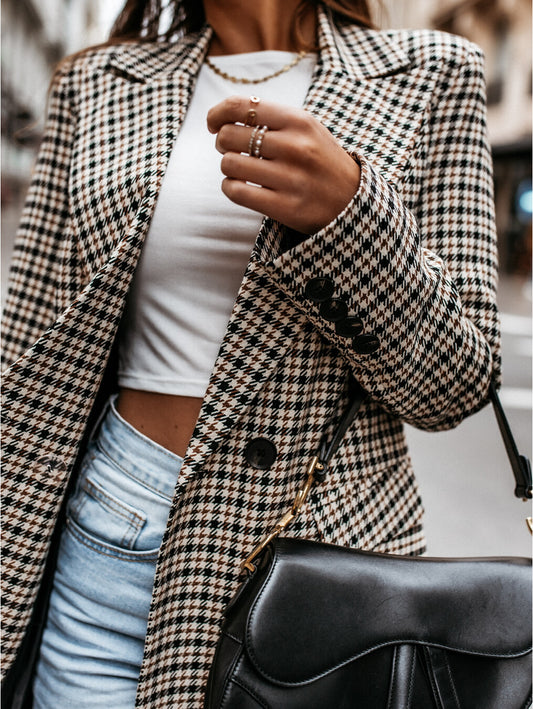 Office Ladies Lapel Vintage Plaid Women Blazer Double Breasted Autumn Jacket 2021 Casual Pockets Female Suits Coat Sudaderas