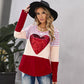 Sequined Heart-shaped Stitching Top Striped Round Neck T-shirt