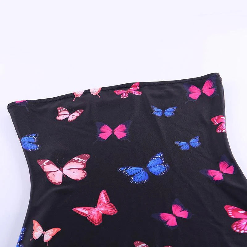 Sexy Backless Skirt with bodice wrapped butterfly print dress