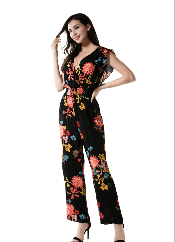 Foliated Slim Floral Print Jumpsuit