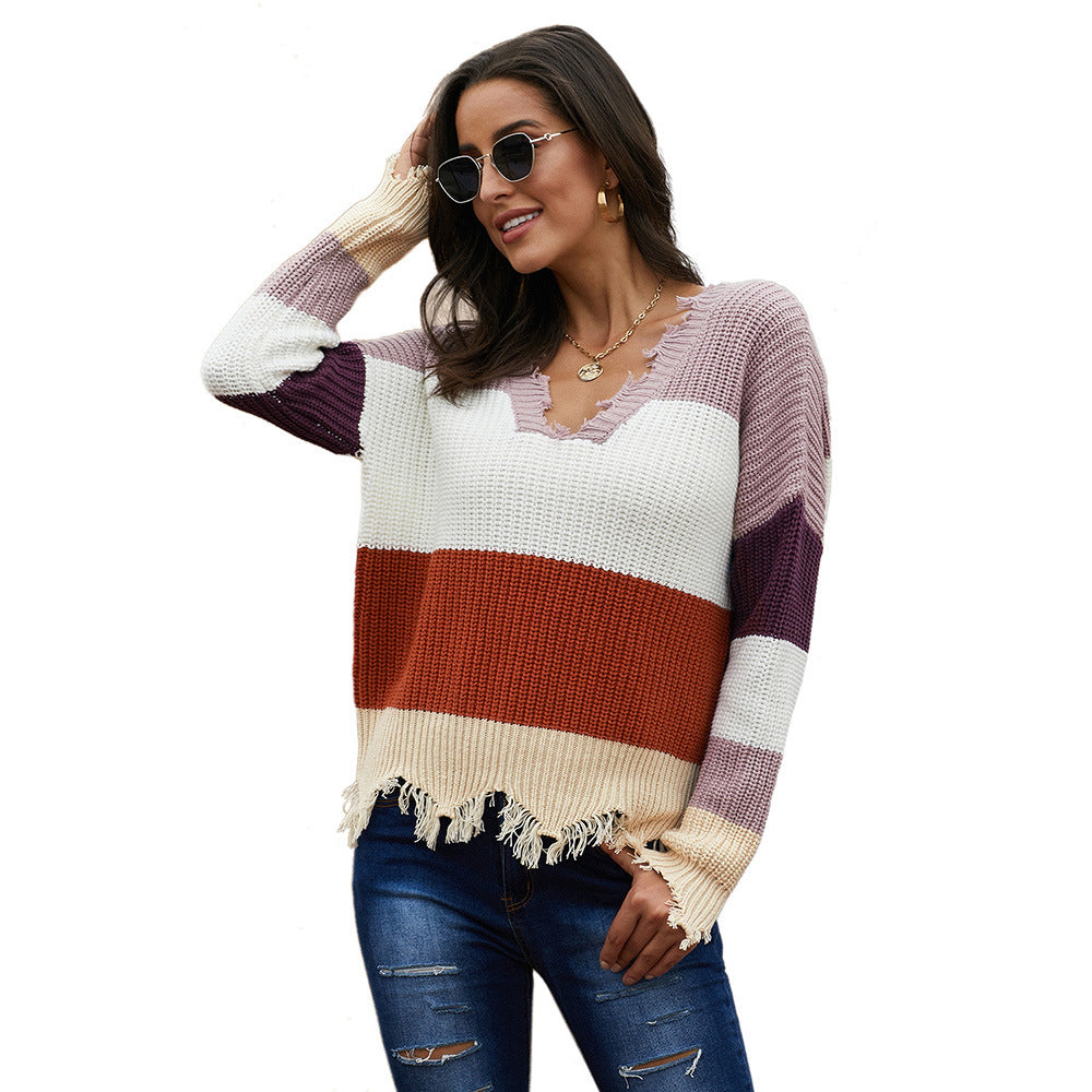 Cotton Sweater Colorblock V-neck Long-sleeved Asymmetric Pullover Sweater