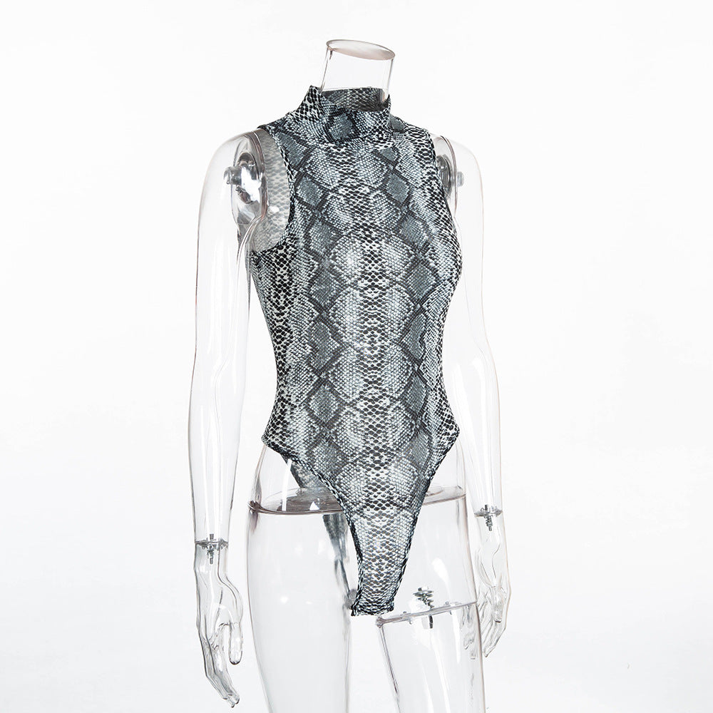 Leopard-print turtleneck sleeveless bodysuit