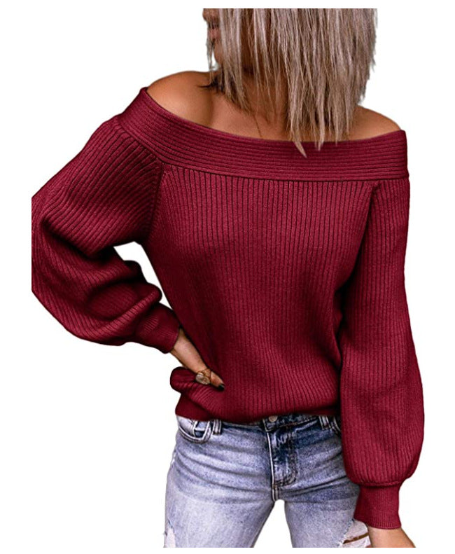Off-The-Shoulder Plus Size Loose Knit Sweater One-Neck Solid Color Pullover Women