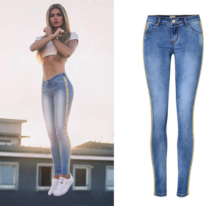 European and American women's low waist slim double side metal color embroidered sequins elastic denim pants