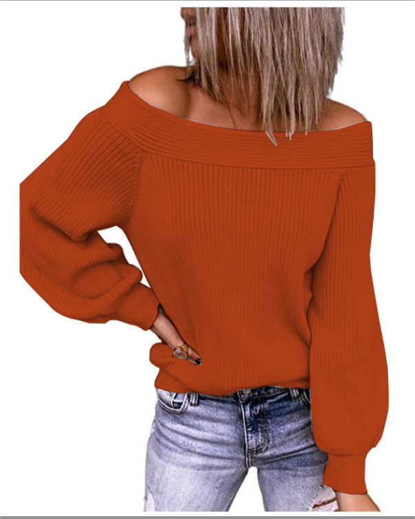 Off-The-Shoulder Plus Size Loose Knit Sweater One-Neck Solid Color Pullover Women