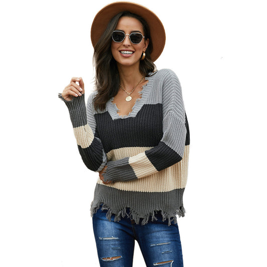 Cotton Sweater Colorblock V-neck Long-sleeved Asymmetric Pullover Sweater