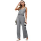 Fashion Sling Solid Color Printing Pocket Casual Jumpsuit