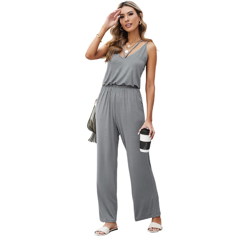 Fashion Sling Solid Color Printing Pocket Casual Jumpsuit