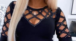 Women's Fall winter Hot Style Long-sleeved T-shirt Top With Hollow Hot Rhinestones Women