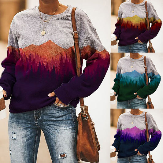 Fashion Ladies Printed Landscape Picture Casual Sweater