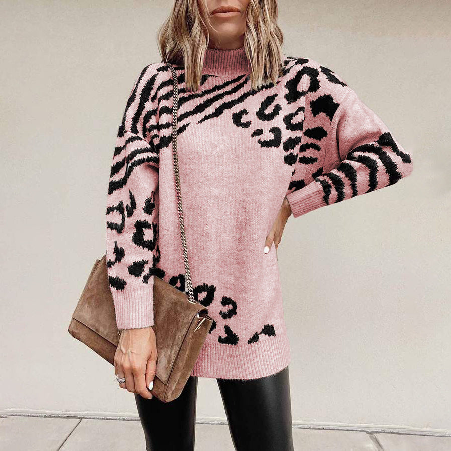 High Neck Leopard Sweater Women Amazon New Sweater Dress