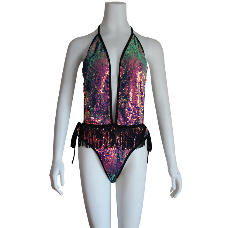 Color sequined one-piece bikini with chest pad