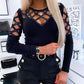 Women's Fall winter Hot Style Long-sleeved T-shirt Top With Hollow Hot Rhinestones Women