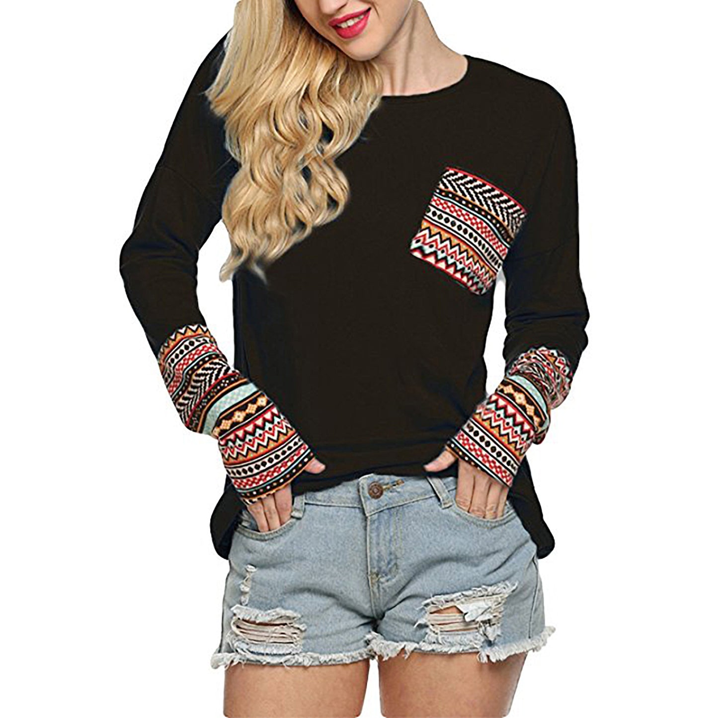 Women's Popular Stitching Round Neck Knitted T-shirt