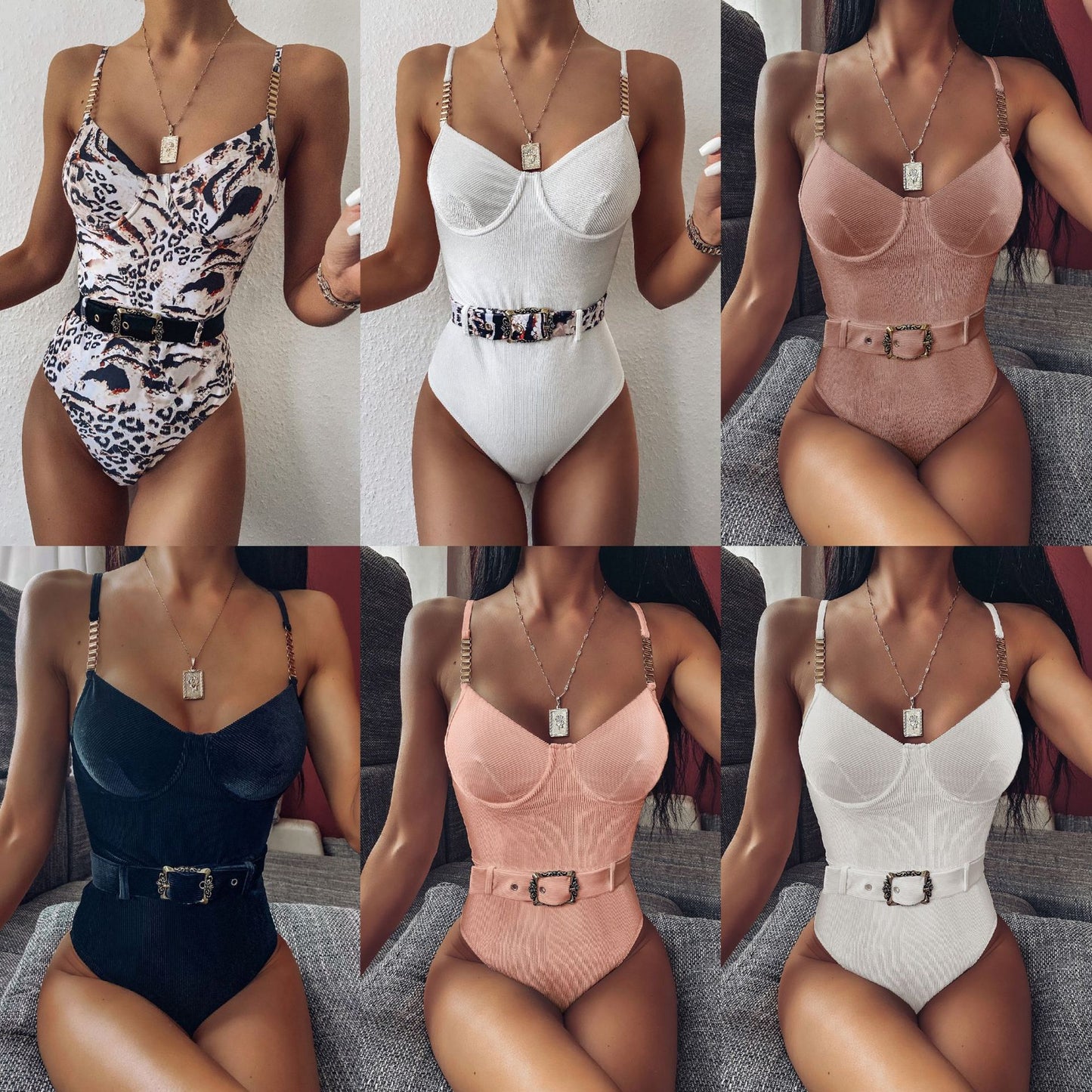 One-piece Bikini With Special Fabric Waist Buckle And Metal Chain Shoulder Strap