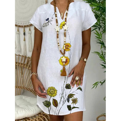 Summer New Style V-Neck Cotton And Linen Printed Short-Sleeved Pullover Loose Large Size Dress