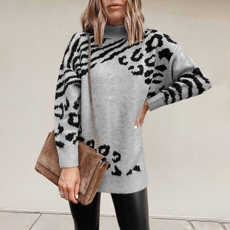 High Neck Leopard Sweater Women Amazon New Sweater Dress