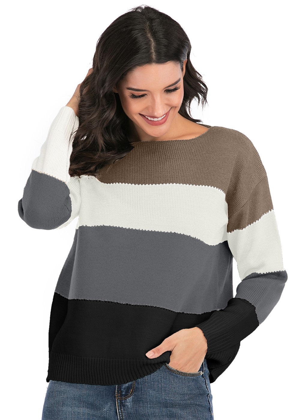 Women Sweater Pullover Round Neck Stripe Long Sleeve
