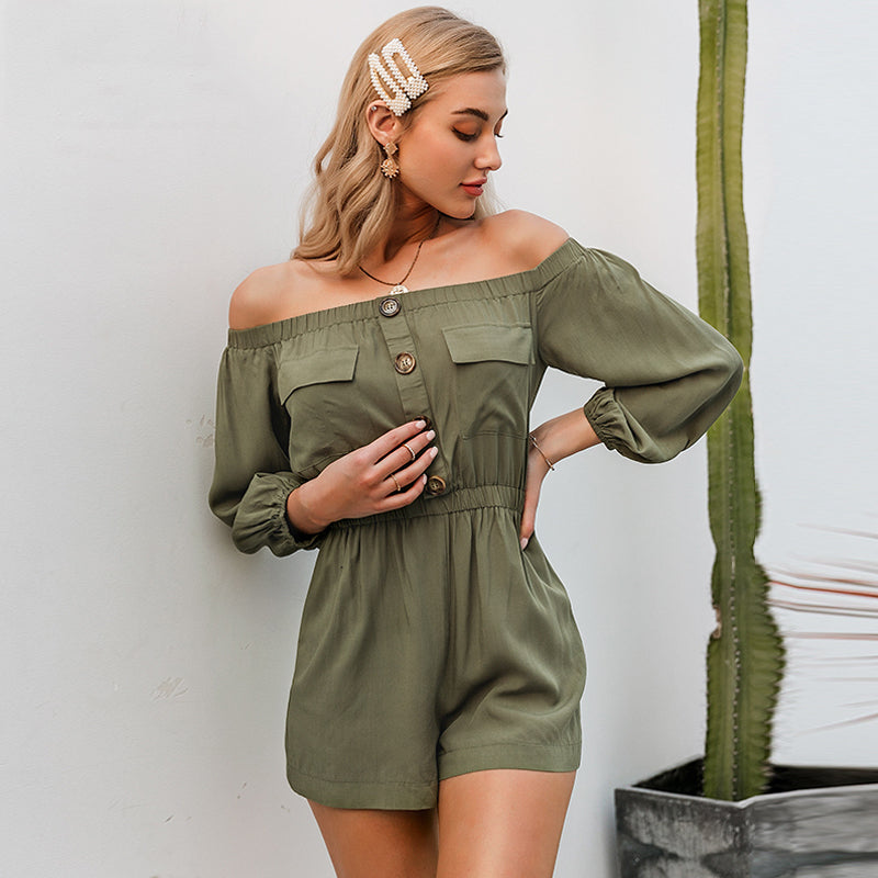 Off-the-shoulder button down overalls