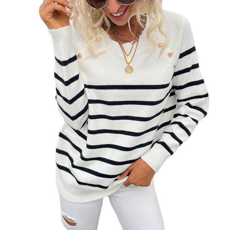 Fashion Striped Knit Pullover Shoulder Button Sweater Women