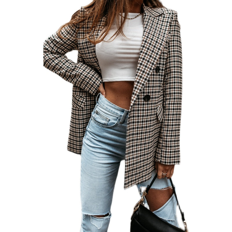 Office Ladies Lapel Vintage Plaid Women Blazer Double Breasted Autumn Jacket 2021 Casual Pockets Female Suits Coat Sudaderas