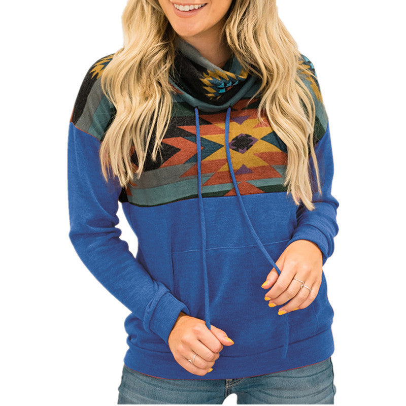 Loose Printed High Neck Hooded Sweater Women